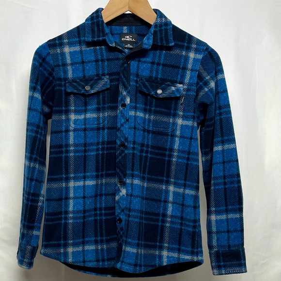 O’Neill Glacier Stretch Button Up Polar Fleece Shirt Blue Plaid Sz M - Picture 2 of 5